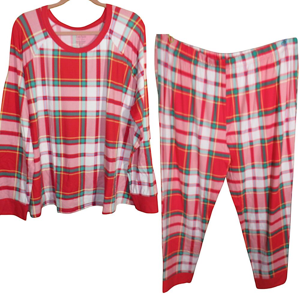 Jaclyn New York Red Multi Plaid Soft Stretchy Long Sleeve Jogger Pajamas Plus 3X